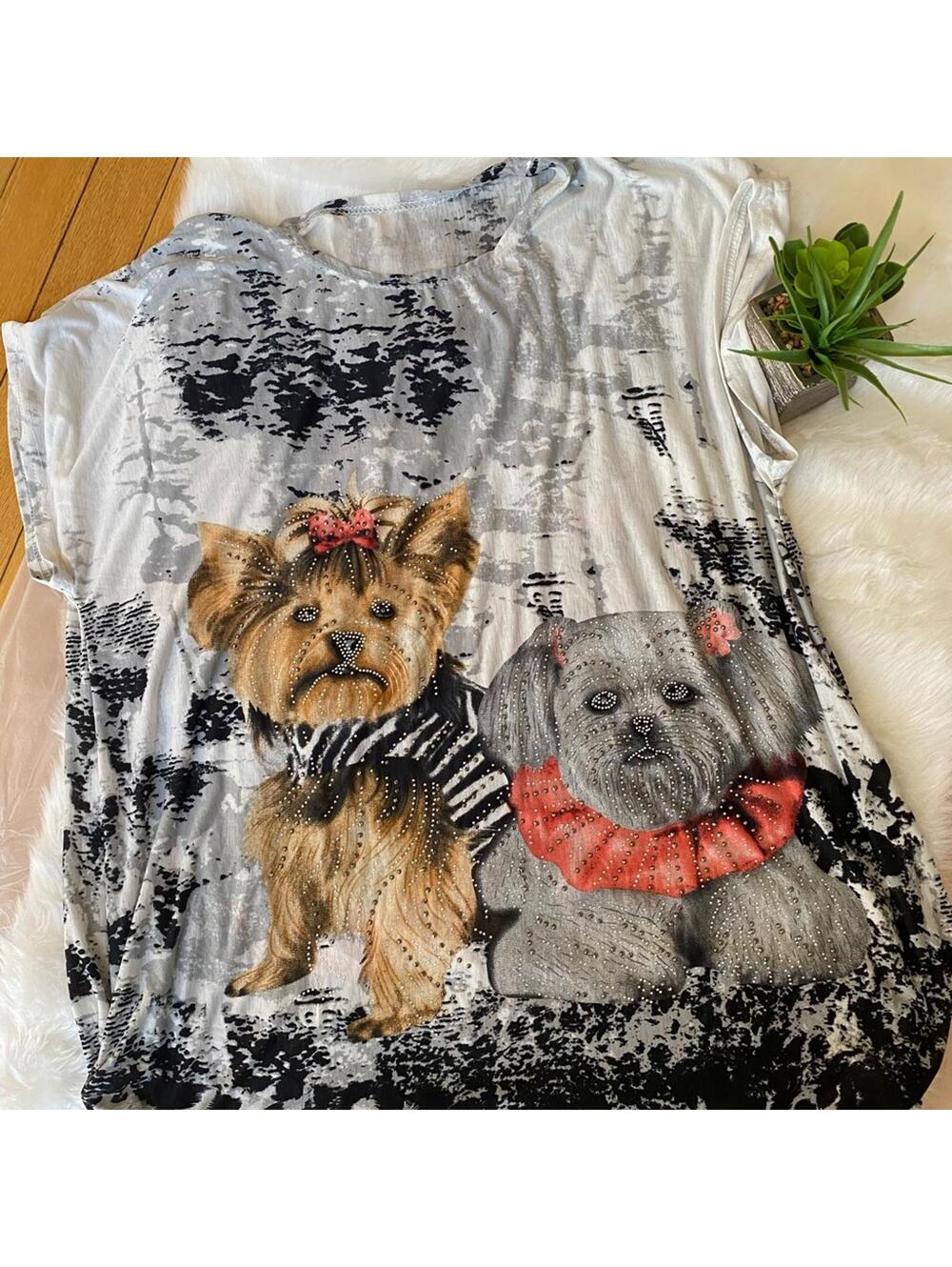 Women's Graphic Dog Print Blouse - Black and Gray XL-XXL